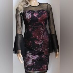 VENUS Black and Burgundy Floral Long Sleeve Dress